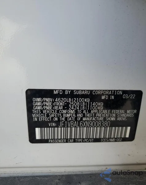 2022 Subaru Wrx Limited from USA, damaged, VIN JF1VBAL6XN9008380